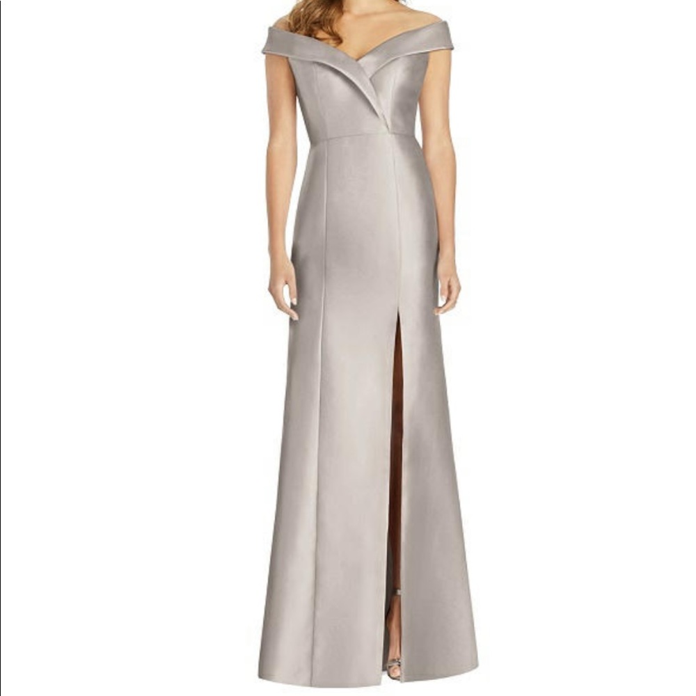 Alfred Sung Taupe Off The Shoulder Satin Gown D760